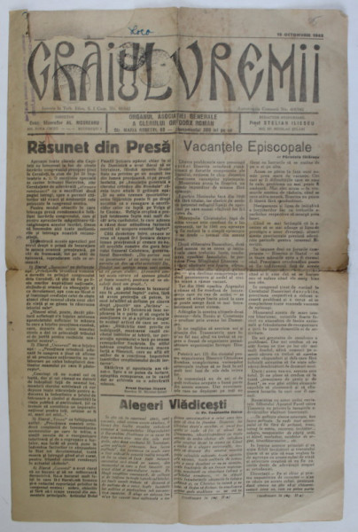GRAIUL VREMII , ORGANUL ASOCIATIEI GENERALE A CLERULUI ORTODOX ROMAN , NR. 68 ,  15 OCT. 1942