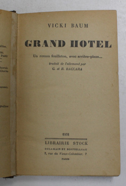 GRAND HOTEL par VICKI BAUM , 1931