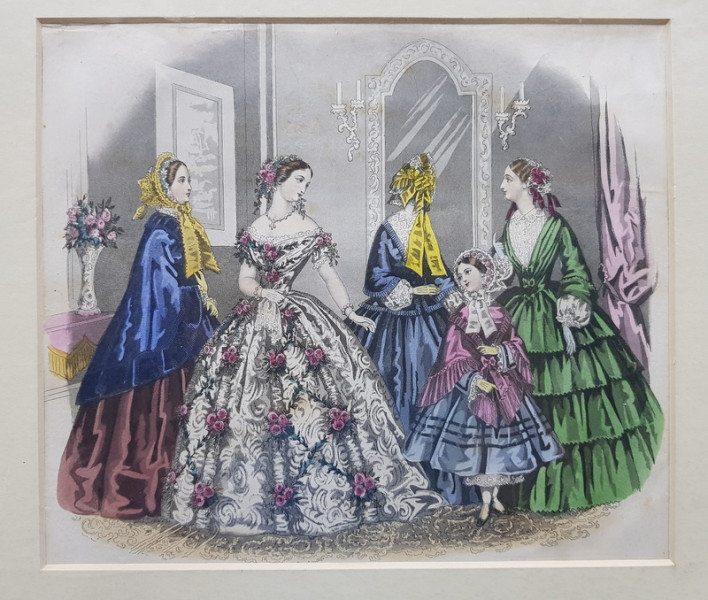 GRAVURA COLORATA MANUAL , GRUP DE DOAMNE CU FETITA , PENTRU JURNALUL  'FASHIONS FOR LONDON AND PARIS ' , DATATA 1854