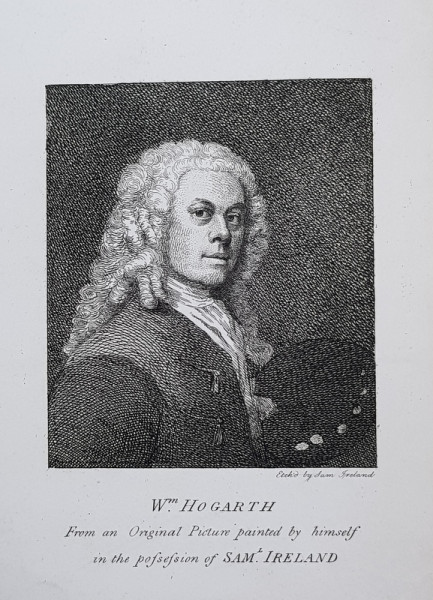 GRAVURA PE ARAMA , PICTORUL W. HOGART  - AUTOPORTRET , gravura de SAMUEL  IRELAND , SECOLUL XVIII