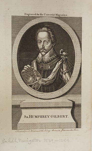 GRAVURA PE ARAMA , SIR HUMPREY GILBERT , NAVIGATOR ENGLEZ 1539 - 1584  de  J. HINTON , SECOLUL XIX