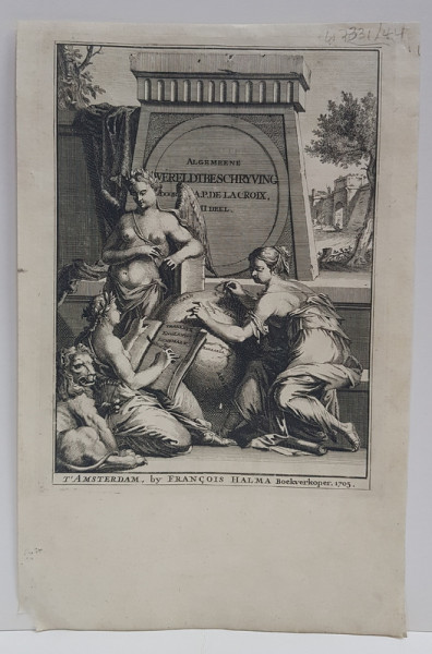 GRAVURA PE METAL , ALEGORIE CU ZEITE de FRANCOIS HALMA  , OLANDA , 1705