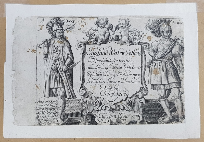 GRAVURA PE METAL ,ANGLIA ,  FRONTISPICIUL UNEI CARTI de JOHN SPRED , DATATA 1627