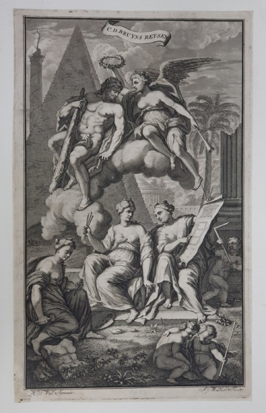 GRAVURA PE METAL , FRONTISPICIUL CARTII  ' CALATORII de CORNELIS DE BRUIJN  - 1698 ' , GRAVURA de JOSEPH MULDER , DATATA 1698