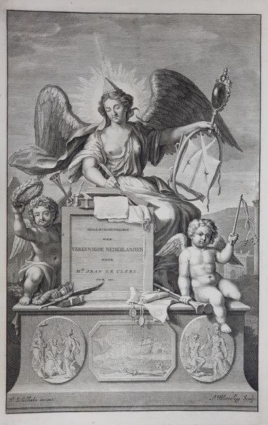 GRAVURA PE METAL , FRONTISPICIUL UNE CARTI  de JEAN LE CLERC , APARUTE IN OLANDA , VOLUMUL III , GRAVURA de A. BLOOTELING , SECOLUL XVIII