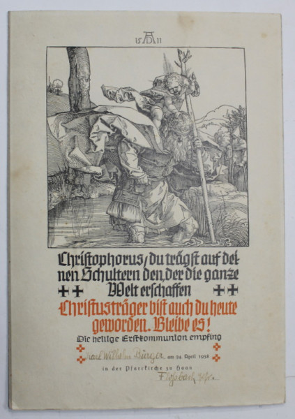 GRAVURA ' SFANTUL CHRISTOPHOR ' de ALBRECHT DURER, REPRODUCERE , 1938 , VEZI DESCRIEREA !