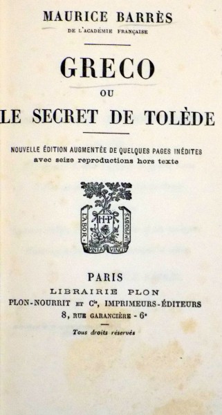 GRECO OU LE SECRET DE TOLEDE par MAURICE BARRES , 1923