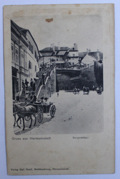 GRUSS AUS HERMANNSTADT  - SALUTARI DIN SIBIU  - PODUL MINCINOSILOR SI PASAJUL CU SCARI , CARTE POSTALA ILUSTRATA ,MONOCROMA ,  NECIRCULATA  , INCEPUT DE SECOL XX