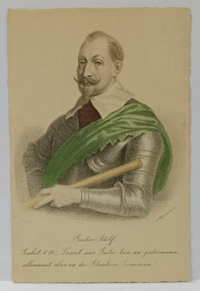 GUSTAV ADOLF , FOST REGE AL SUEDIEI , GRAVURA COLORATA MANUAL , CARTE POSTALA , INCEPUTUL SEC. XX