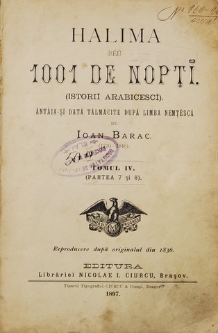 HALIMA SEU 1001 DE NOPTI ( ISTORII ARABICESCI ), TOMUL IV de IOAN BARAC - BRASOV, 1897