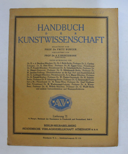 HANDBUCH DER KUNSTWISSENSCHAFT von FRITZ BURGER , LIEFERUNG  71  ,  INCEPUT DE SECOL XX