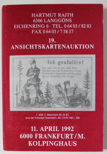 HARMUTH RAITH , ANSICHTKARTENAUKTION ( LICITATIE DE CARTE POSTALA  ), 11 APRIL 1992 , TEXT IN LIMBA GERMANA
