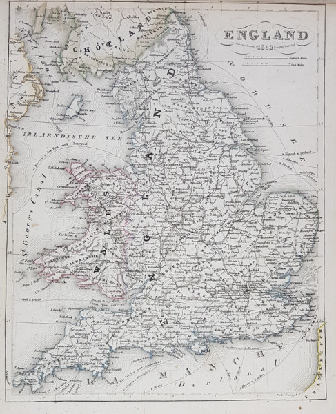 HARTA ANGLIEI LA 1852 ,GRAVURA ,  DENUMIRILE SI TERMENII IN LIMBA GERMANA , DELIMITARILE COLORATE , MIJLOCUL SECOLULUI XIX