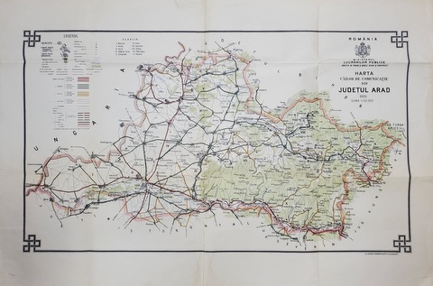 HARTA CAILOR DE COMUNICATIE DIN JUDETUL ARAD  , CROMOLITOGRAFIE ,   SCARA 1 : 200.000, 1926