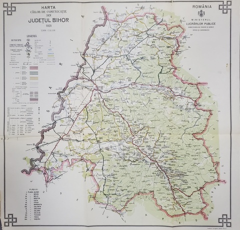 HARTA CAILOR DE COMUNICATIE DIN JUDETUL BIHOR , CROMOLITOGRAFIE ,   SCARA 1 : 200.000, 1928