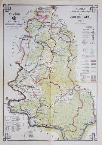 HARTA CAILOR DE COMUNICATIE DIN JUDETUL CARAS  , CROMOLITOGRAFIE ,   SCARA 1 : 200.000, 1927