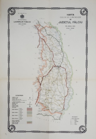 HARTA CAILOR DE COMUNICATIE DIN JUDETUL FALCIU  , CROMOLITOGRAFIE ,   SCARA 1 : 200.000, 1915