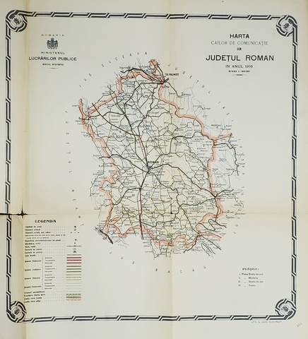 HARTA CAILOR DE COMUNICATIE DIN JUDETUL ROMAN  , CROMOLITOGRAFIE ,   SCARA 1 : 200.000, 1927