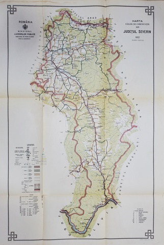 HARTA CAILOR DE COMUNICATIE DIN JUDETUL SEVERIN  , CROMOLITOGRAFIE ,   SCARA 1 : 200.000, 1927