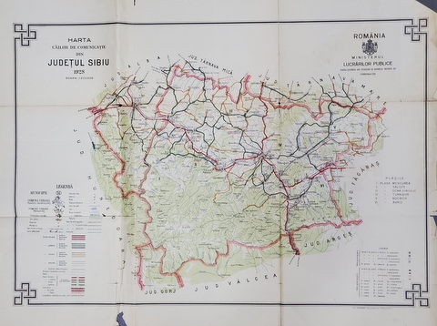 HARTA CAILOR DE COMUNICATIE DIN JUDETUL SIBIU , CROMOLITOGRAFIE ,  SCARA 1 : 200.000, 1928 , PREZINTA URME DE UZURA SI RUPTURI *