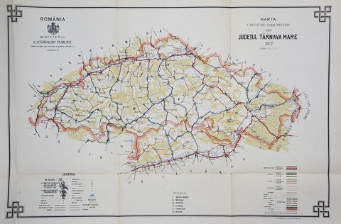 HARTA CAILOR DE COMUNICATIE DIN JUDETUL TARNAVA MARE  , CROMOLITOGRAFIE ,   SCARA 1 : 200.000, 1927