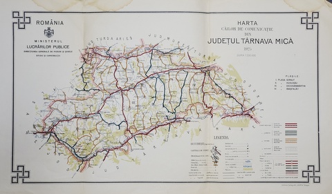 HARTA CAILOR DE COMUNICATIE DIN JUDETUL TARNAVA MICA  , CROMOLITOGRAFIE ,   SCARA 1 : 200.000, 1925