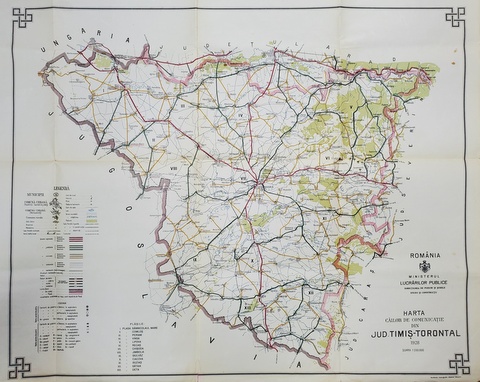 HARTA CAILOR DE COMUNICATIE DIN JUDETUL TIMIS - TORONTAL  , CROMOLITOGRAFIE ,   SCARA 1 : 200.000, 1928