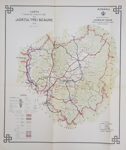 HARTA CAILOR DE COMUNICATIE DIN JUDETUL TREI SCAUNE  , CROMOLITOGRAFIE ,   SCARA 1 : 200.000, 1925