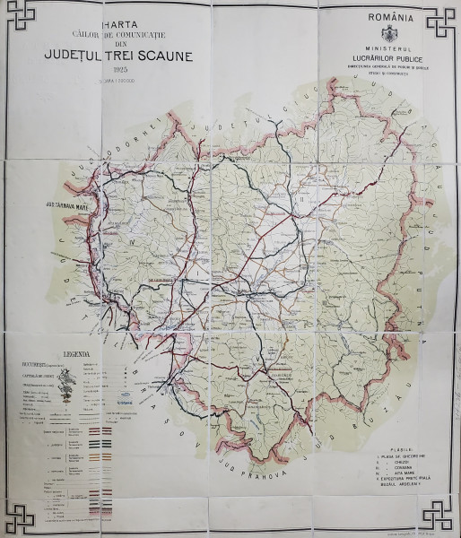 HARTA CAILOR DE COMUNICATIE DIN JUDETUL TREI SCAUNE , SCARA 1: 200.000 , TIPARITA  1925