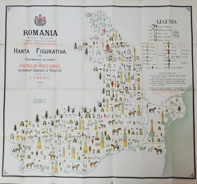 HARTA FIGURATIVA A PRODUSELOR AGRICOLE,  ANIMALELOR DOMESTICE SI PADURILOR DIN ROMANIA de L. COLESCU, CROMOLITOGRAFIE,  1905