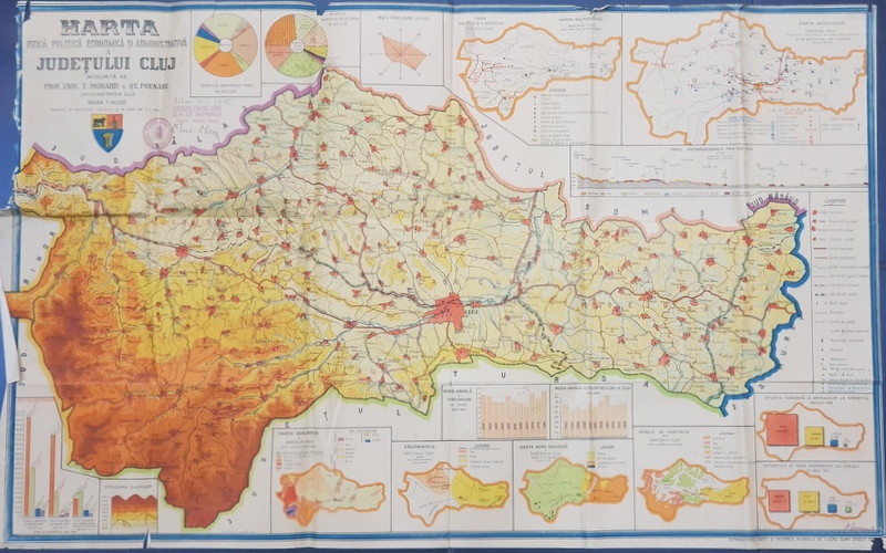 HARTA FIZICA, POLITICA, ECONOMICA SI ADMINISTRATIVA A JUDETULUI CLUJ, intocmita de T. MORARIU si ST. POENARU, UNIVERSITATEA DIN CLUJ, POLICROMA, DATATA  1945