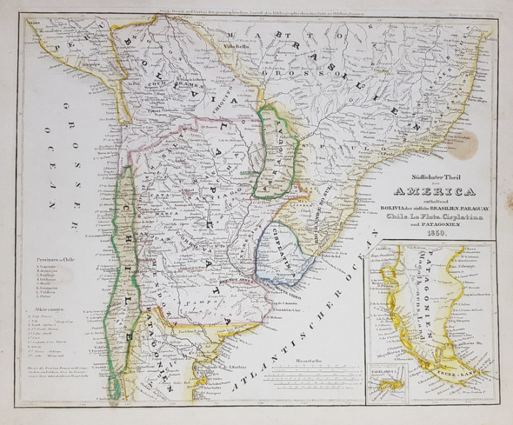 HARTA GERMANA  - AMERICA DE SUD , PARTEA DE SUD , CU BOLIVIA , SUDUL BRAZILIEI , CHILE , LA PLATA (  ARGENTINA ) , CISPLATINA SI PATAGONIA , 1850