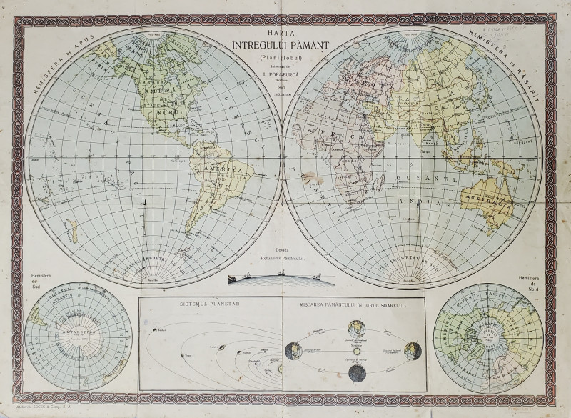 HARTA INTREGULUI PAMANT - PLANIGLOBUL - intocmita de I.POPA - BURCA , SCARA 1 / 60.000.000 , INTERBELICA