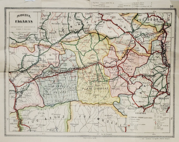 HARTA JUDETULUI FAGARAS , DUPA NOUA IMPARTIRE ADMINISTRATIVA , SCARA 1: 300.000 , TIPARITA IN  1931