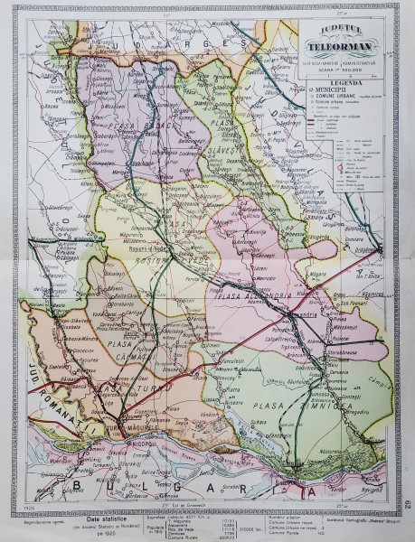 HARTA JUDETULUI TELEORMAN , DUPA NOUA IMPARTIRE ADMINISTRATIVA , SCARA 1 / 300.000 , 1928