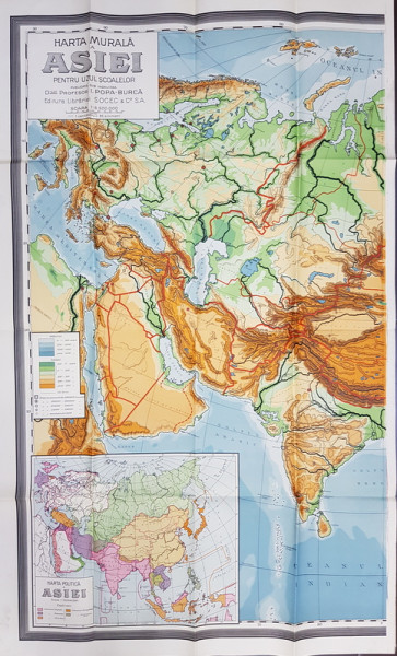 HARTA  MURALA  A ASIEI PENTRU UZUL SCOALELOR de I. POPA - BURCA , SCARA 1 : 8.500.000 , EDITIE INTERBELICA