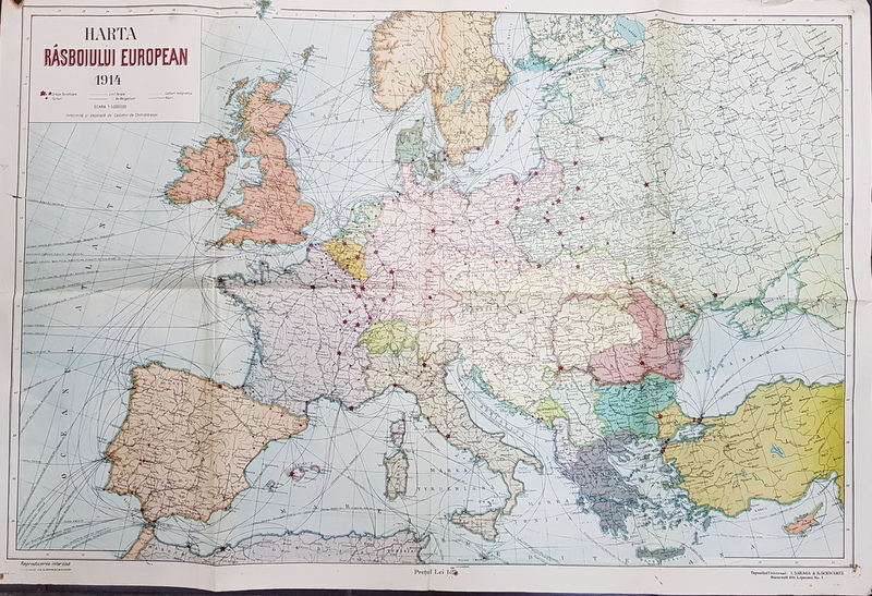 HARTA RASBOIULUI EUROPEAN 1914 de CASIMIR de CHMIELEWSKI , SCARA 1 : 5.000.000 , EDITIE INTERBELICA