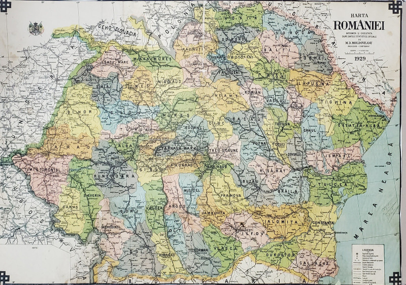 Harta Romaniei intocmita si executata dupa datele statistici oficiale de M. D. Moldoveanu - 1929