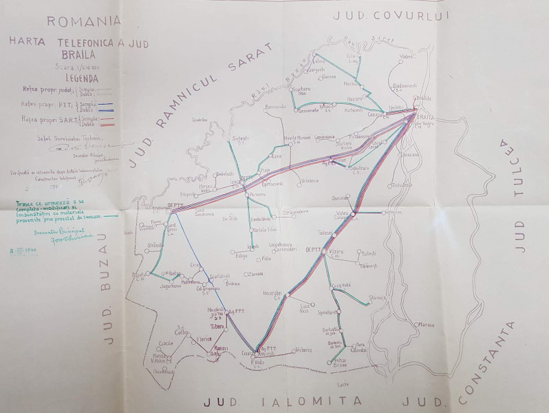 HARTA TELEFONICA A JUDETULUI BRAILA , SCARA 1 / 200. 000 , DESENATOR PEINCIPAL ION CHIRIAC, POLICROMA , 1941