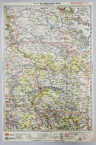 HARTA ZONEI IASI - ROMAN - BACAU - VASLUI , LITOGRAFIE de M.D. MOLDOVEANU , 1936