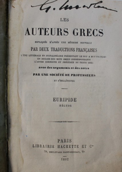 HECUBE par EURIPIDE  - EDITIE BILINGVA GREACA - FRANCEZA , 1882