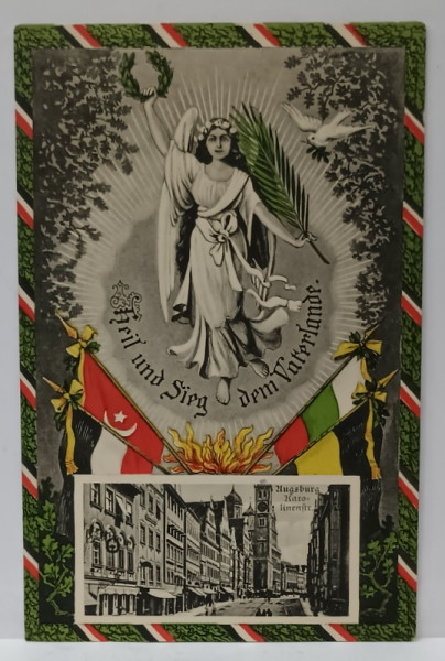 HEIL UND SIEG DEM VATERLAND ( MANTUIRE SI BIRUNITA PATRIEI ) , CARTE POSTALA DE PROPAGANDA , ALEGORIE CU IMAGINE DIN AUSBURG , 1916