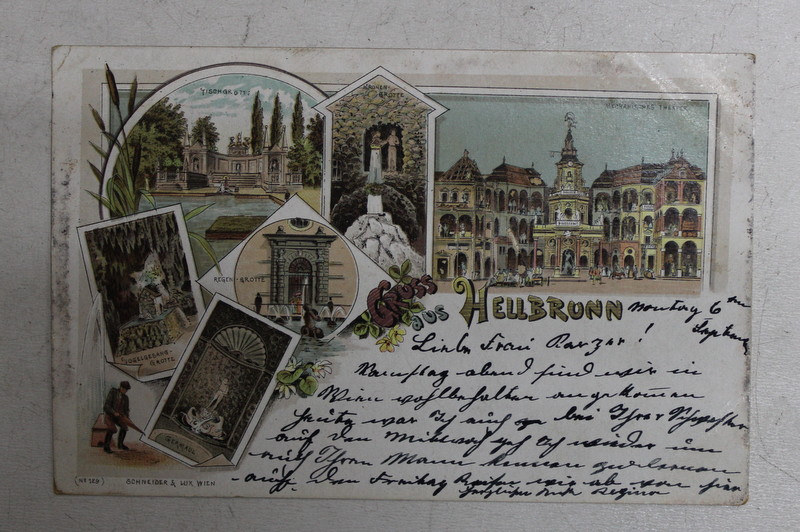 HELLBRUNN ( AUSTRIA )  , COLAJ CU DIVERSE IMAGINI , CARTE POSTALA ILUSTRATA , CROMOLITOGRAFIE , POLICROMA, CIRCULATA , CLASICA