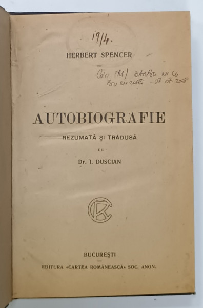 HERBERT SPENCER , AUTOBIOGRAFIE , EDITIE INTERBELICA