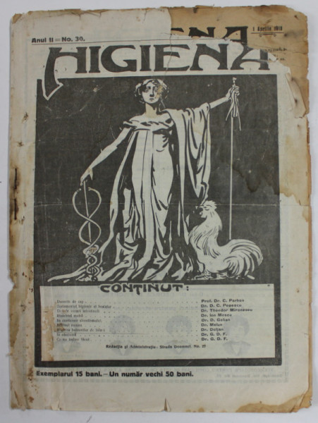 HIGIENA , REVISTA PENTRU PREINTAMPINAREA BOLILOR SI PASTRAREA SANATATII , ANUL II , NR. 30 , 1 APRILIE  1913