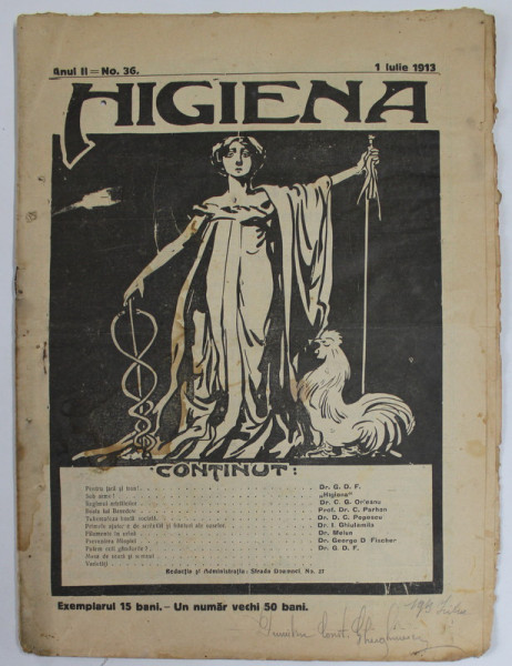HIGIENA , REVISTA PENTRU PREINTAMPINAREA BOLILOR SI PASTRAREA SANATATII , ANUL II , NR. 36 , 1 IULIE . 1913
