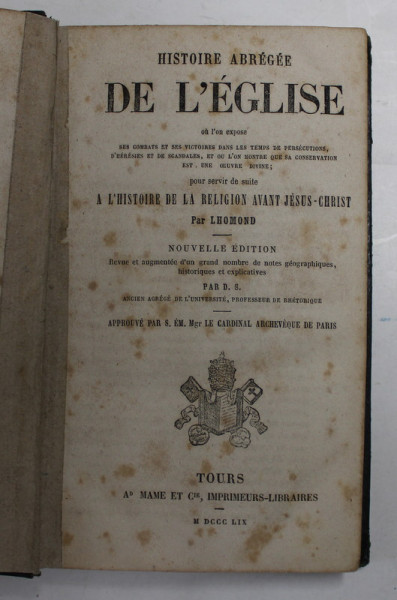 HISTOIRE ABREGEE DE L 'EGLISE par LHOMOND , 1859