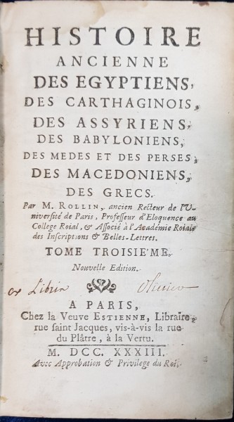 HISTOIRE ANCIENNE DES EGYPTIENS, DES CARTHAGINOIS, DES ASSYRIENS, DES BABYLONIENS, DES MEDES ET DES PERSES, DES MACEDONIENS, DES GRECS, TOME III par ROLLIN CHARLES - PARIS, 1805