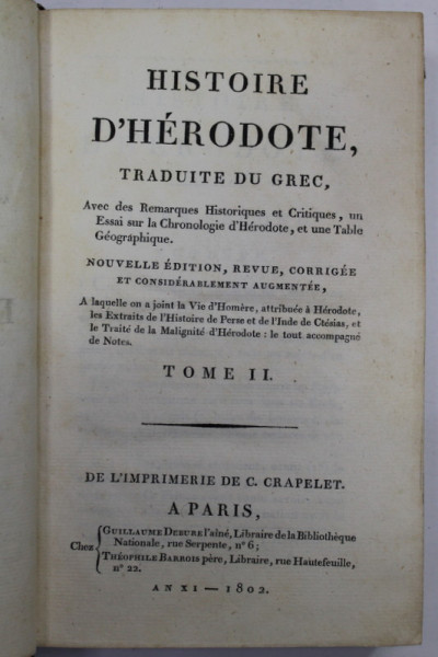HISTOIRE D ' HERODOTE , TRADUITE DU GREC ,  TOME II , 1802