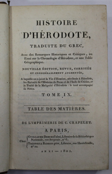 HISTOIRE D ' HERODOTE , TRADUITE DU GREC ,  TOME IX , TABLE DES MATIERES , 1802